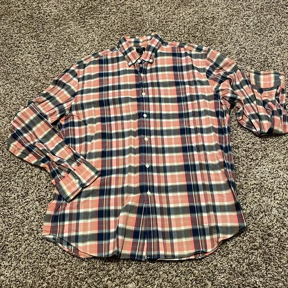 J Crew Button Down Shirt Mens Large “Summer Plaid” Pink &Gray Long Sleeve Preppy